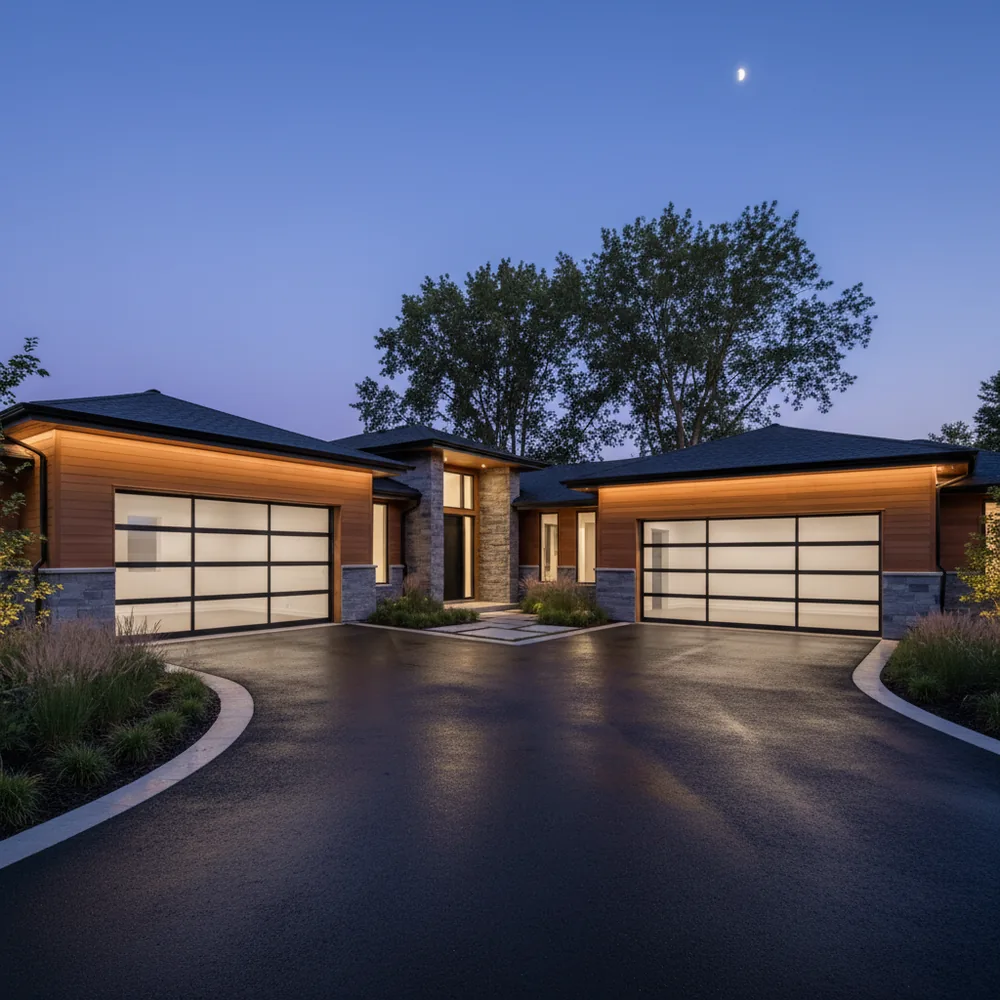Two full-view frosted glass garage doors with black frames on a modern home at dusk