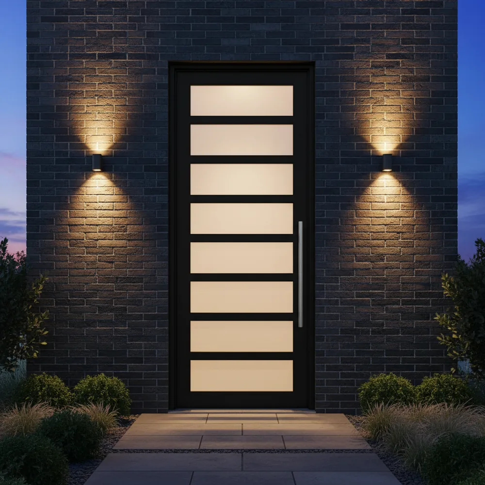 Modern black pivot front door with frosted horizontal glass panels set in a dark brick wall