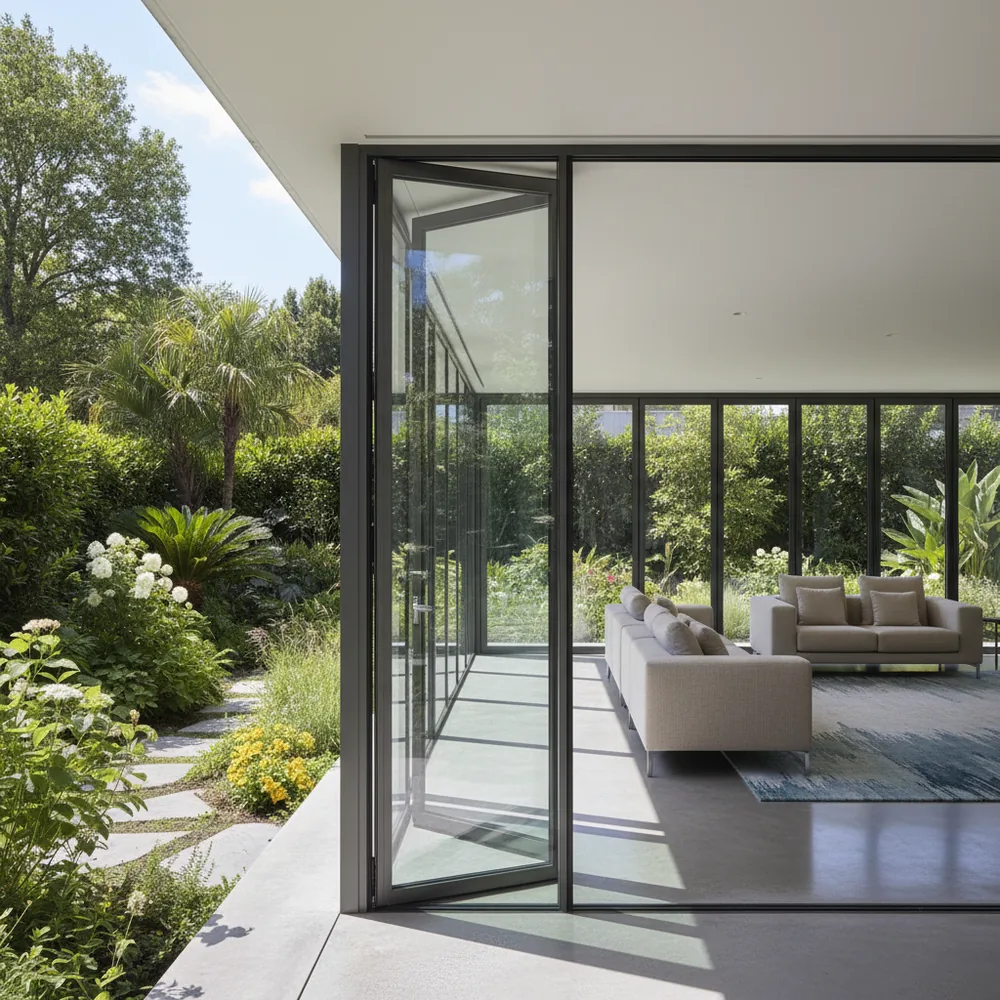 Black steel-framed glass doors folded open from a living room to a garden
